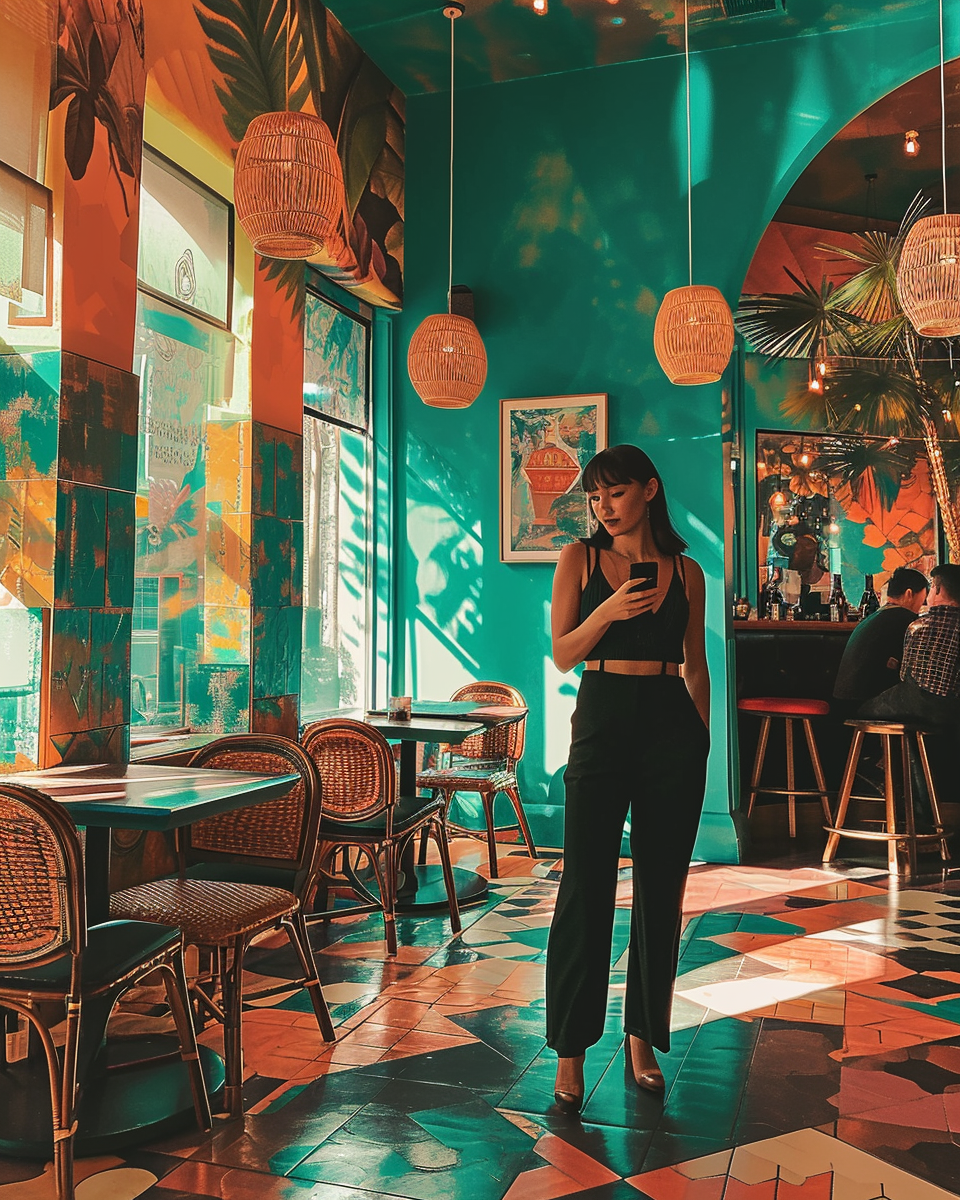 Smiling restaurant owner looking at her phone