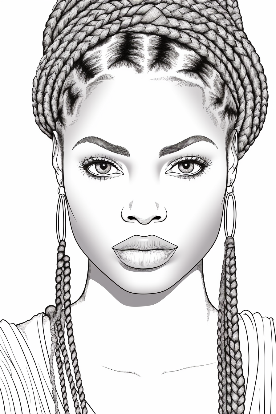 Coloring page of a bold black woman with braids