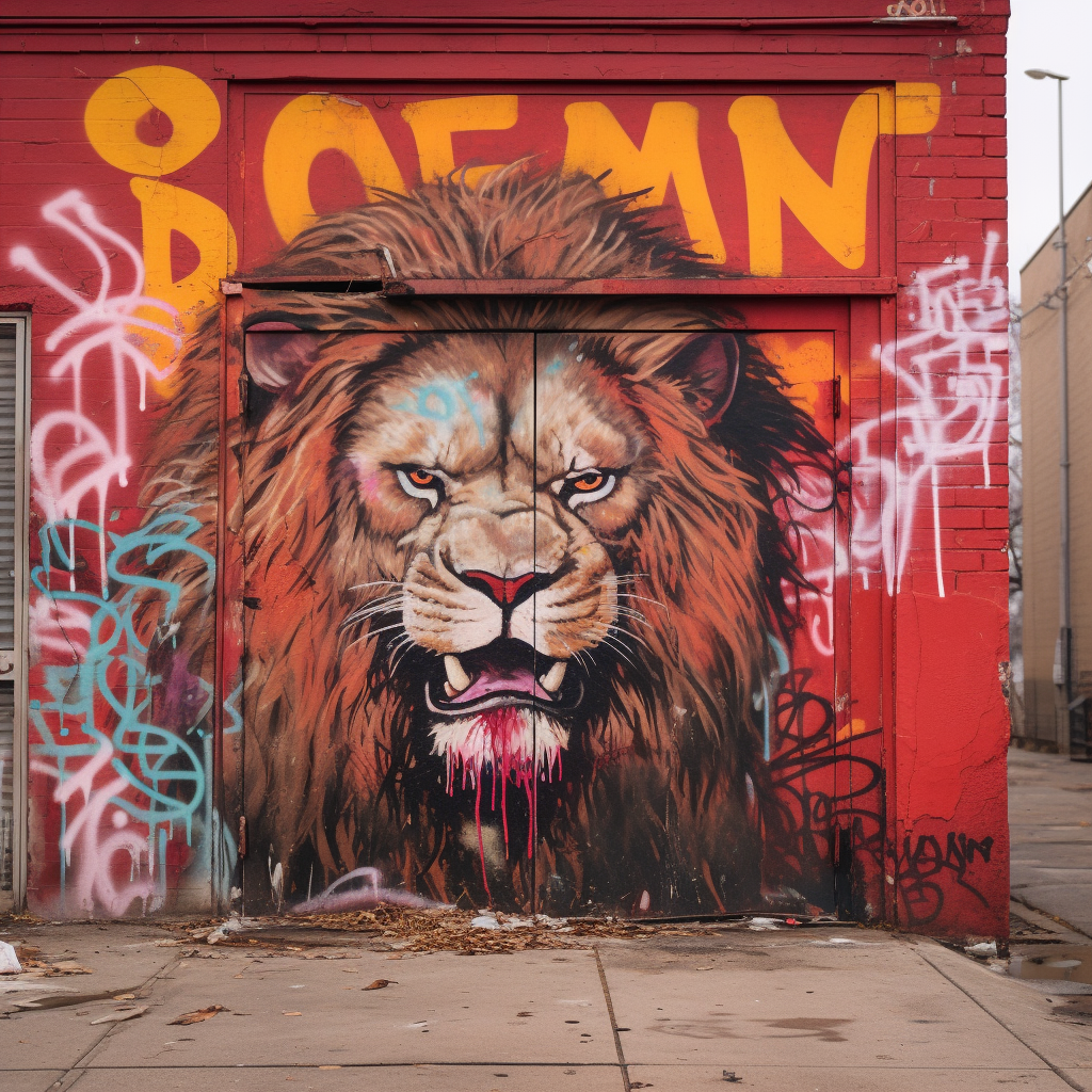 Vibrant lion graffiti in a dirty city