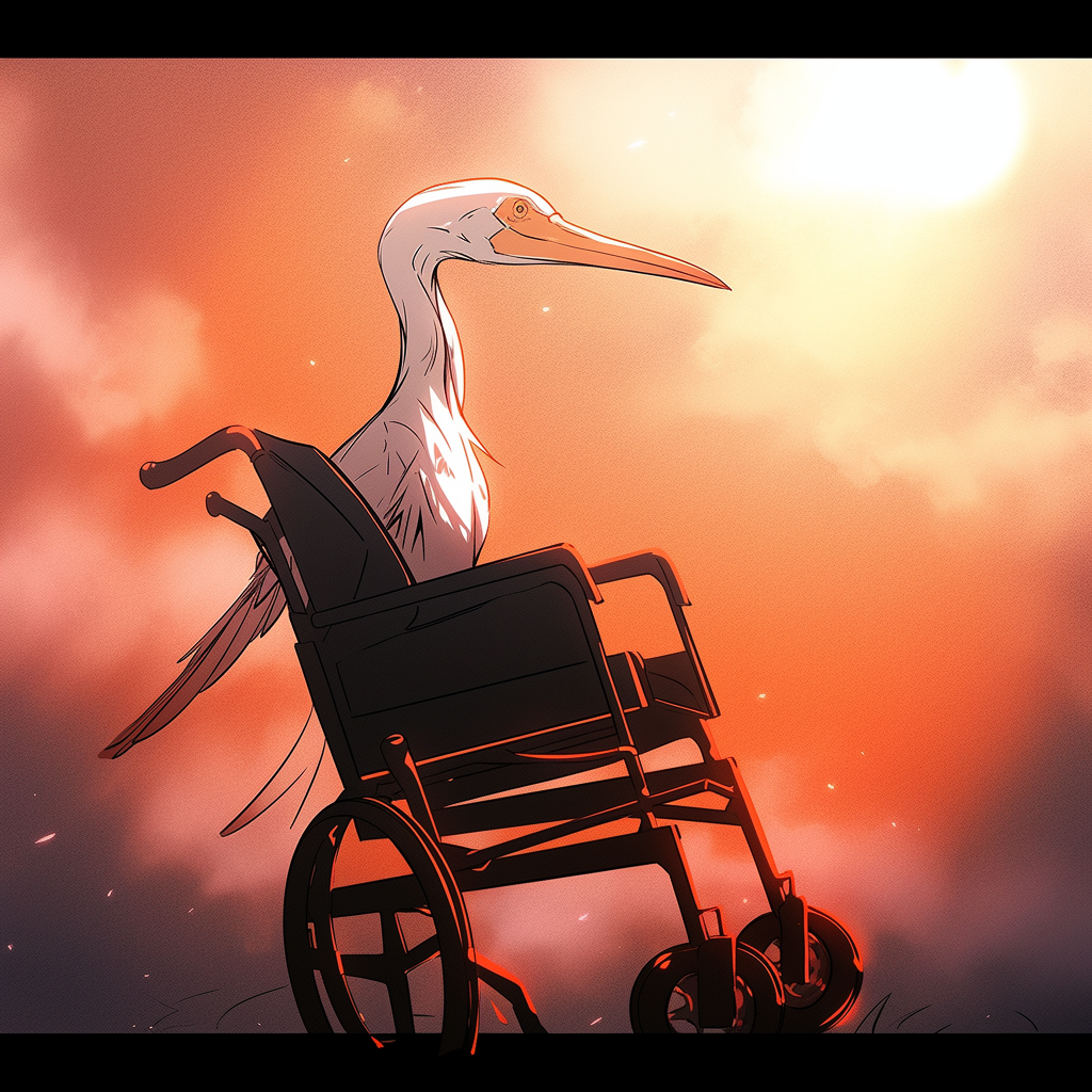 Colorful line art of a stork in a wheelchair