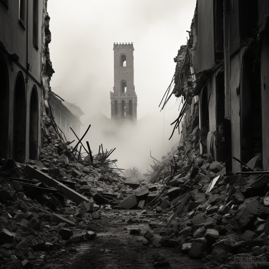 Black and white photo of collapsing city towers