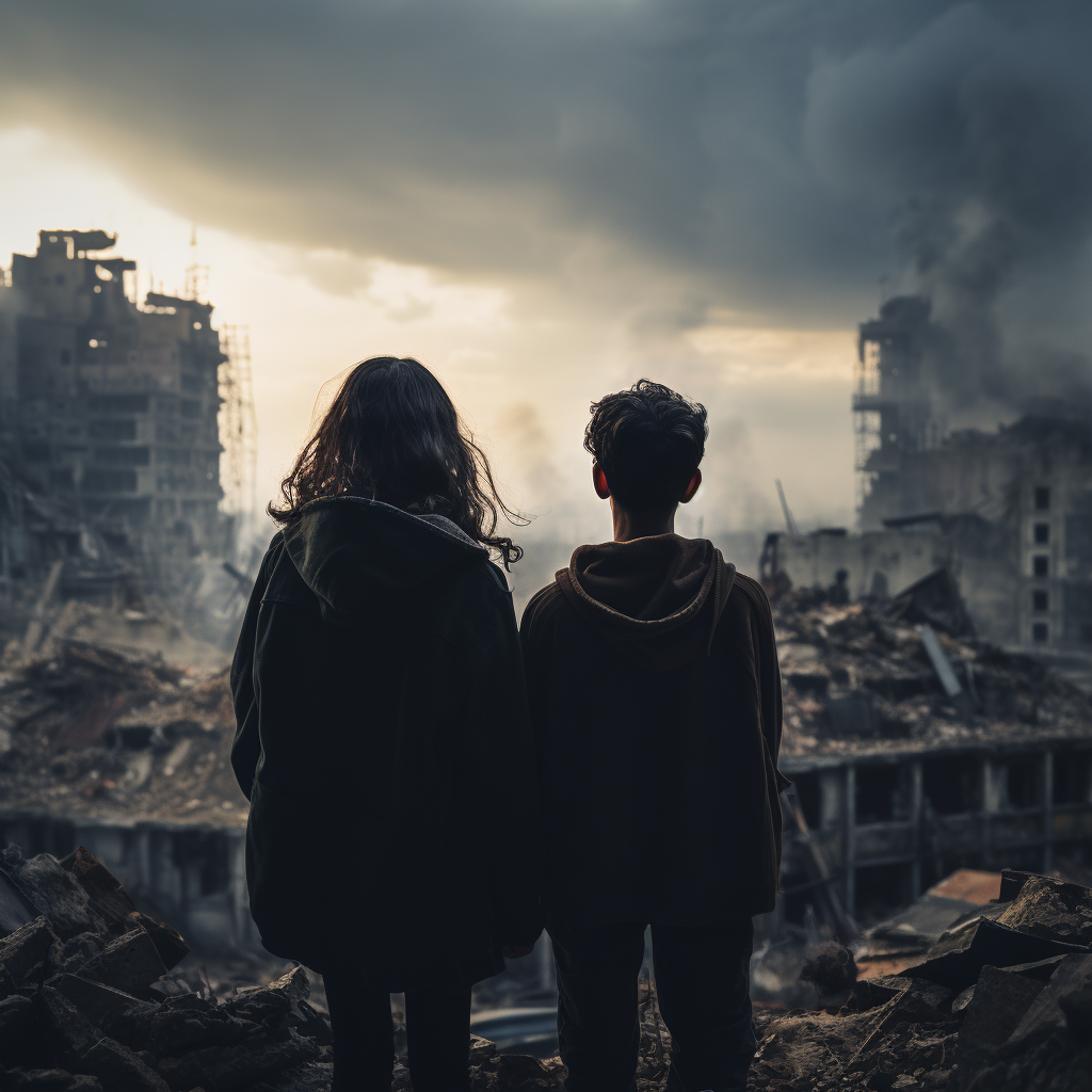 Teenage boy and sister in bombed city