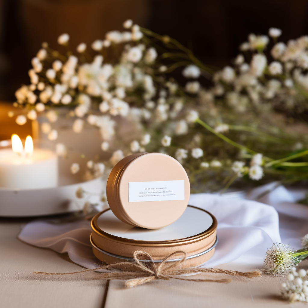 Bonbonniere with round sticker on rustic table for wedding