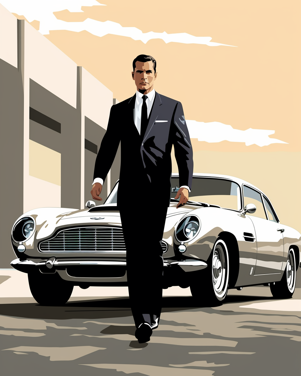 James Bond exiting Aston Martin DB5 car