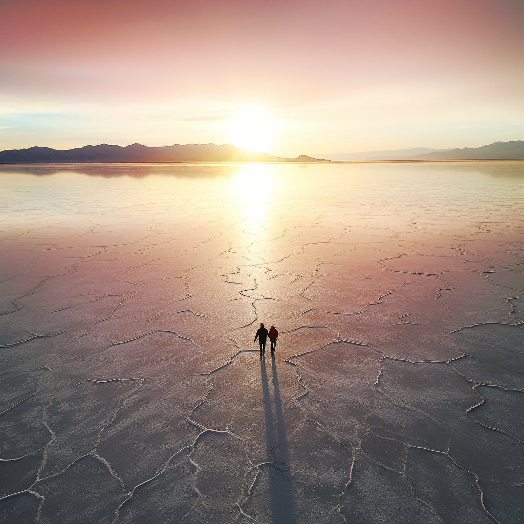 Couple at Bonneville Salt Flats during Sunrise with Water  ?