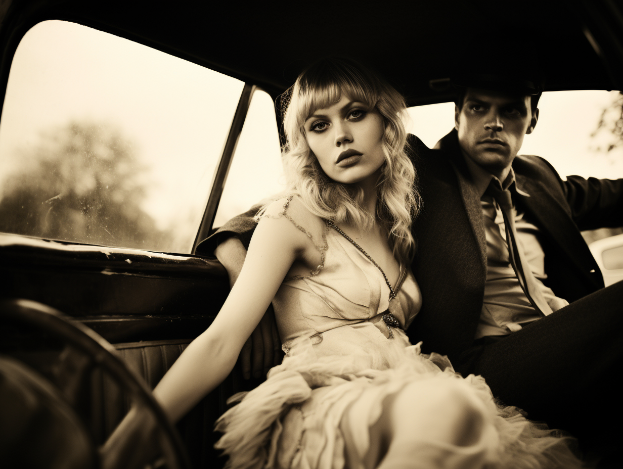 Bonnie and Clyde driving a car