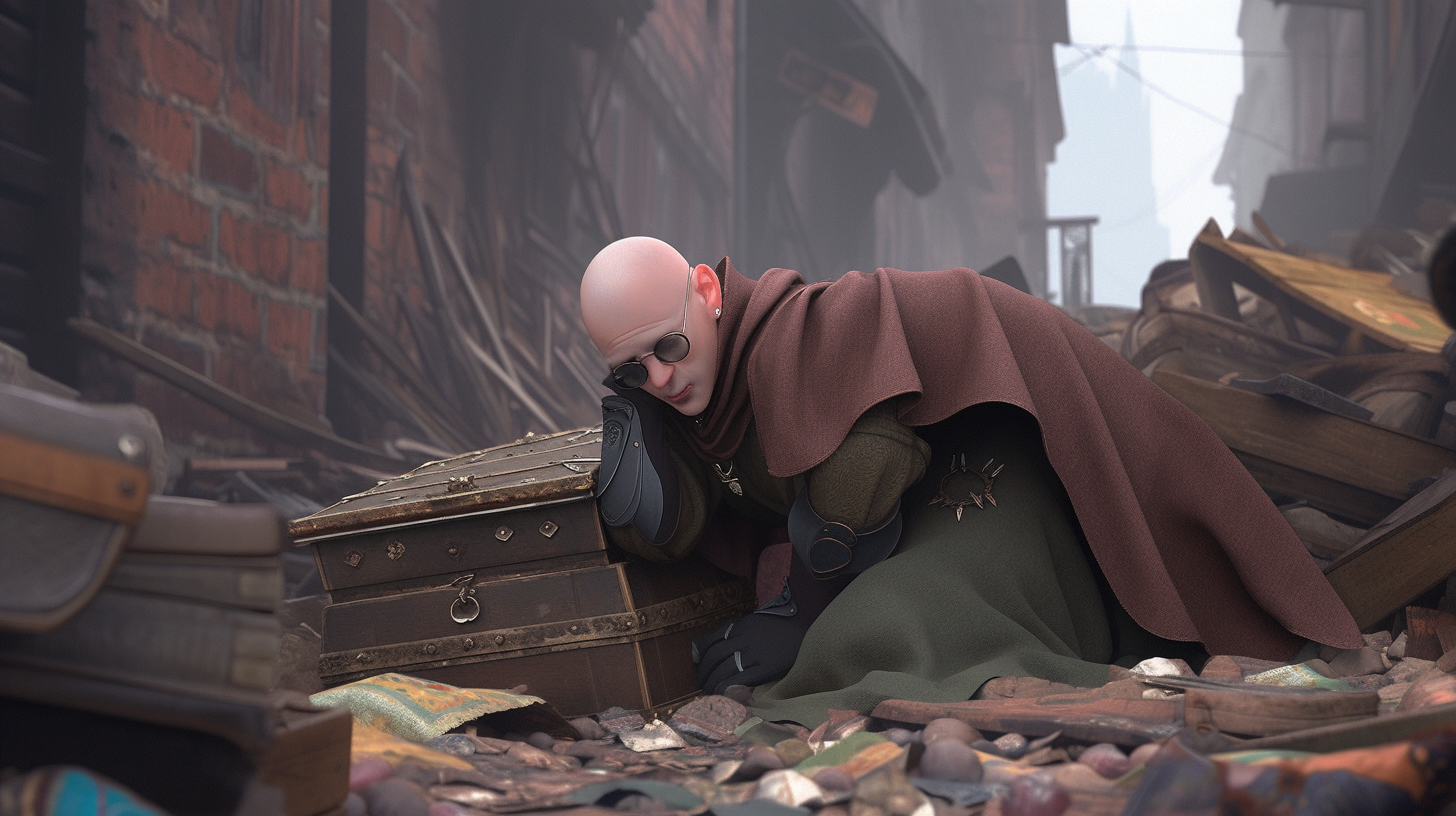 Photorealistic image of Bono as a bald elf with steampunk goggles