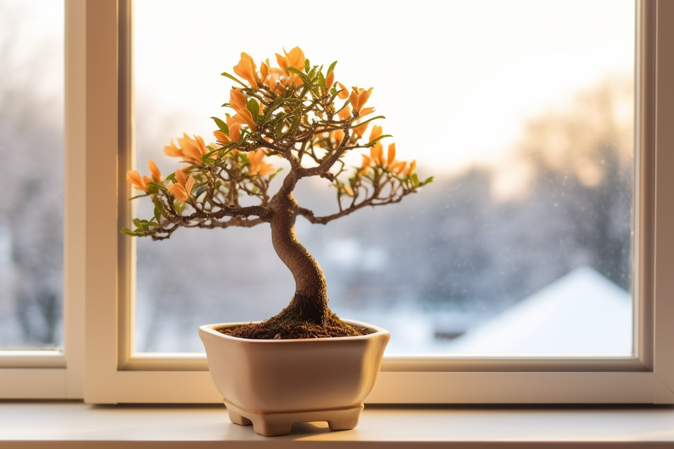 Bonsai Azalea Tree Snowy Window