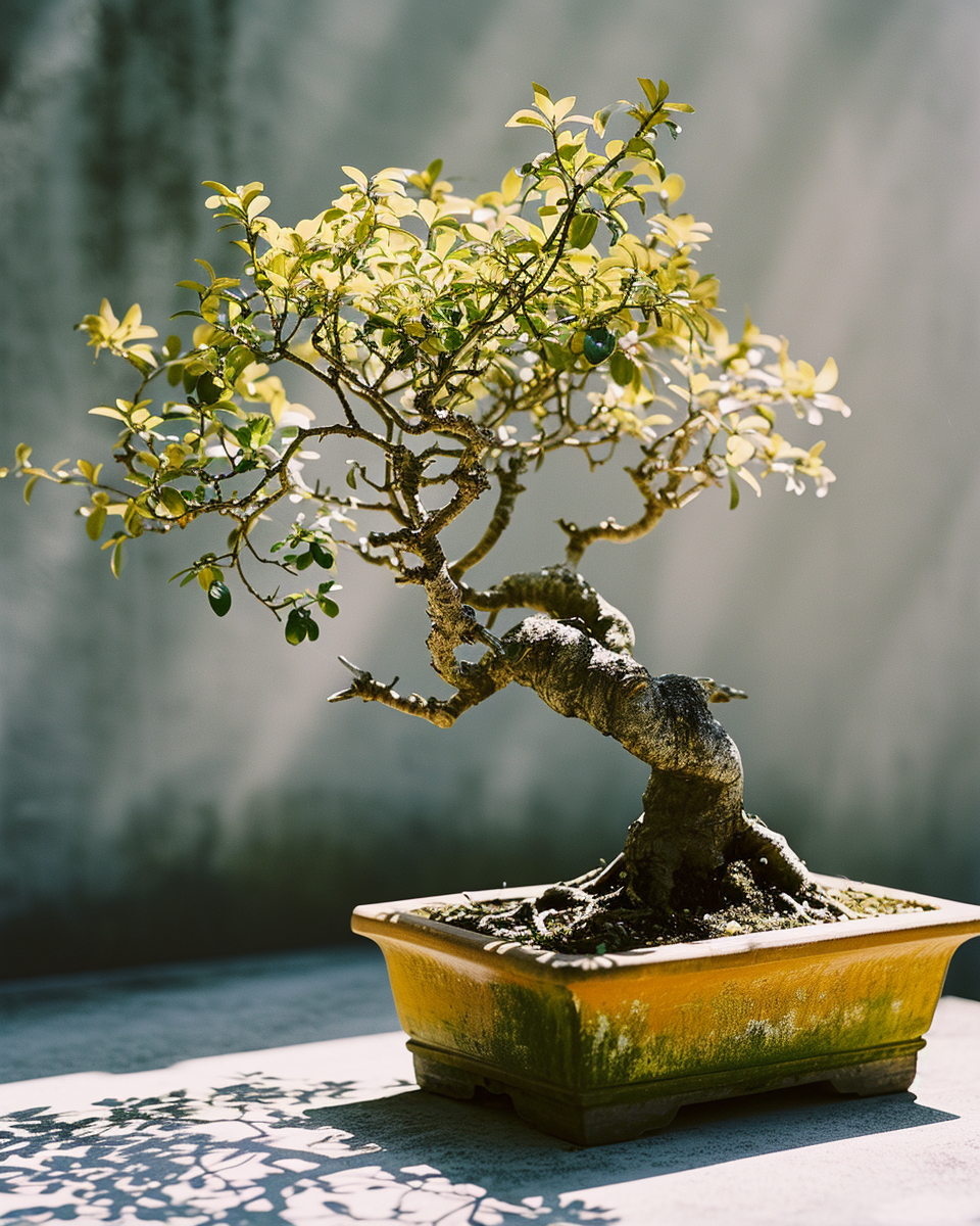 Beautiful bonsai tree in bright yellow pot