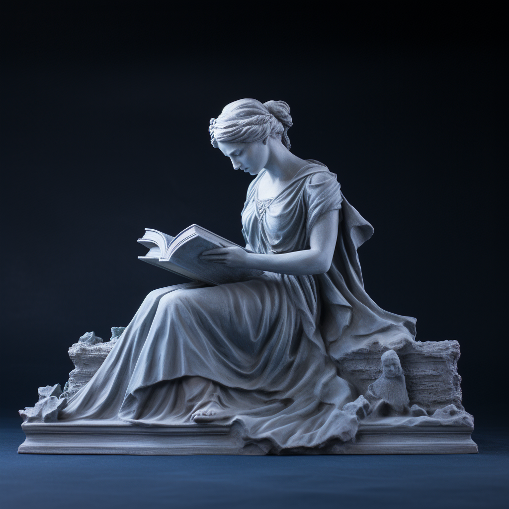 Woman carving book on stone as Greek goddess