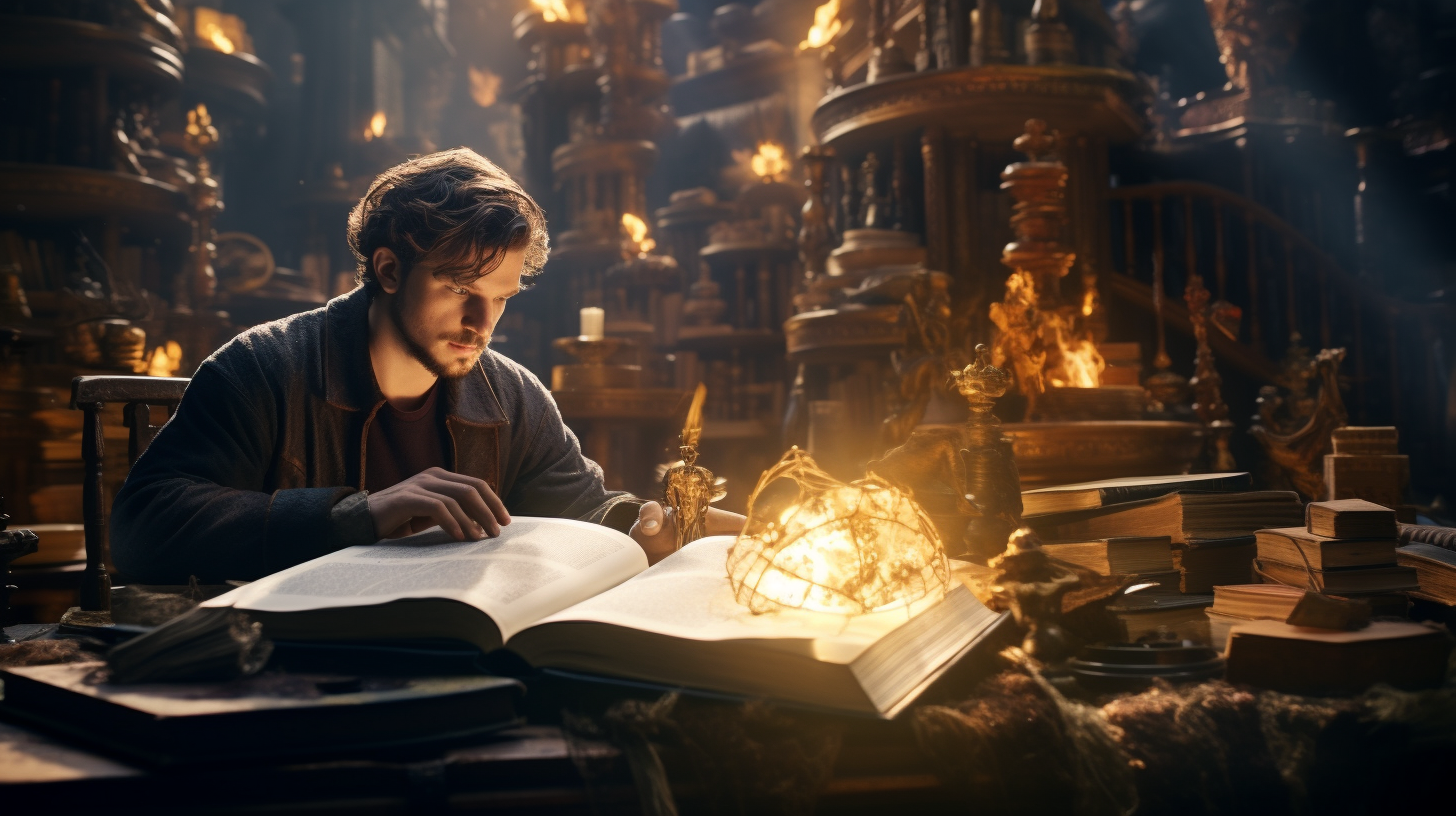 Man reading book surrounded by books in fantasy setting