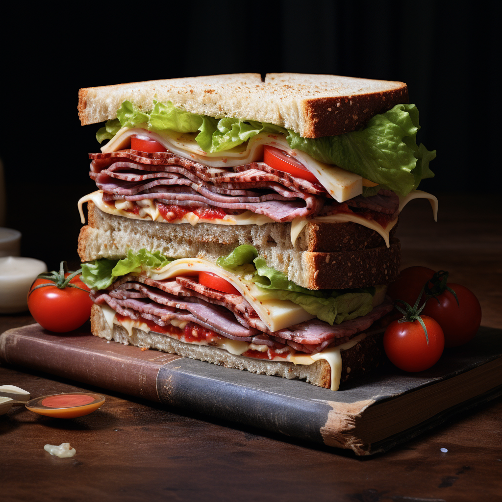 Tasty book sandwich with tomato, lettuce, and pastrami