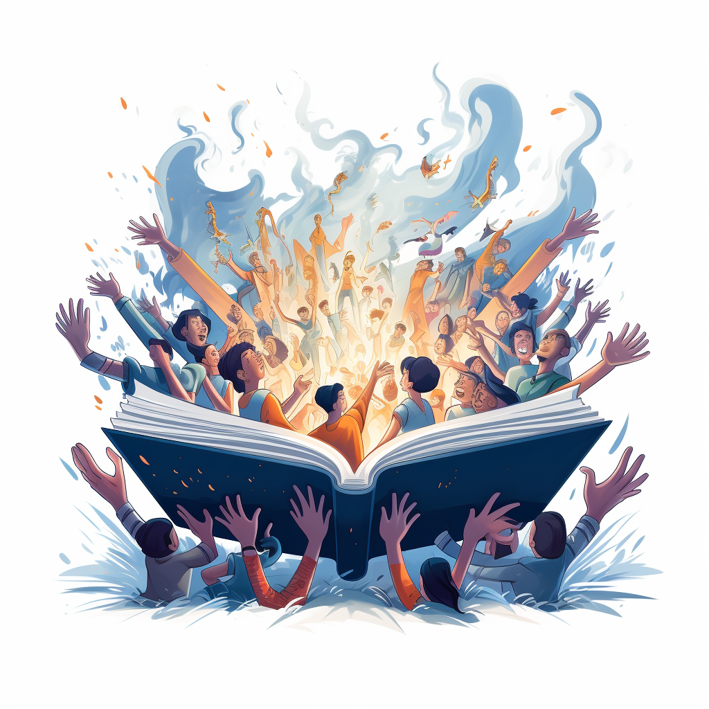 Cartoon Illustration of Open Book with Hands