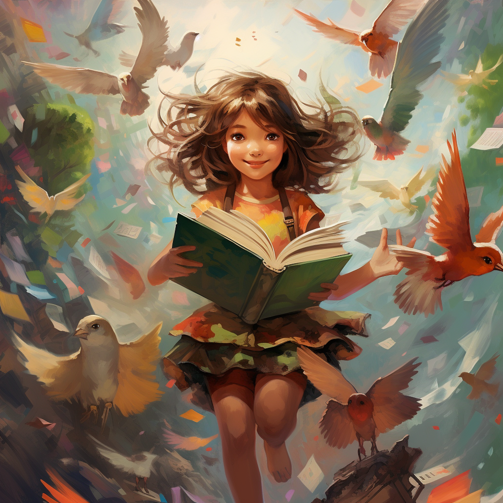 Girl surrounded by books, butterflies, and birds