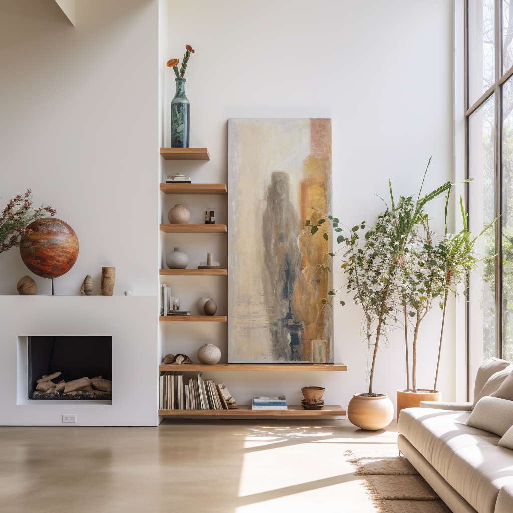 Modern bookshelf with plants, murano, and artwork