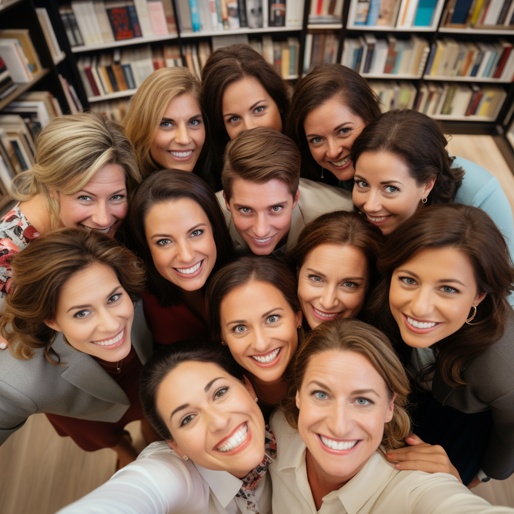 Friends having heartfelt group hug in bookstore