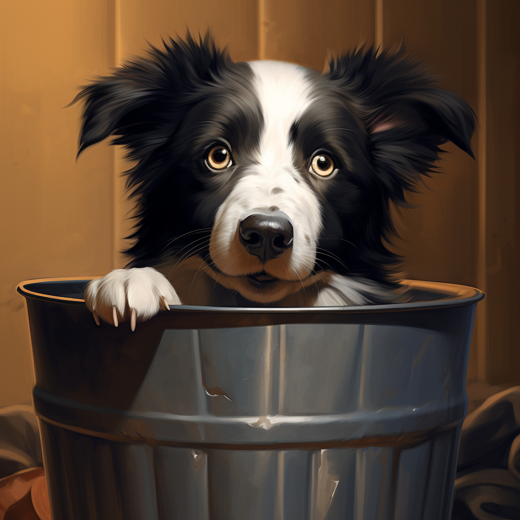 Curious border collie exploring a garbage can