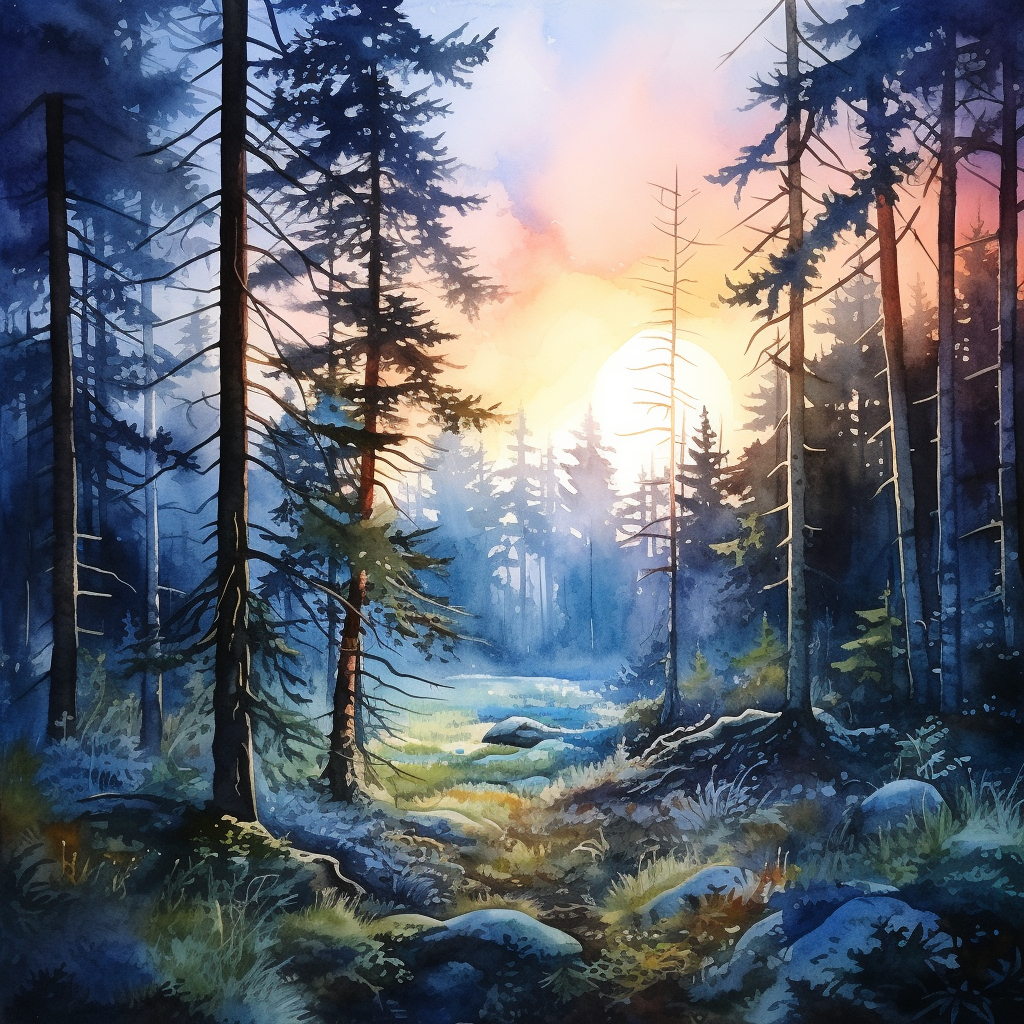 Watercolor Painting of Boreal Forest Morning