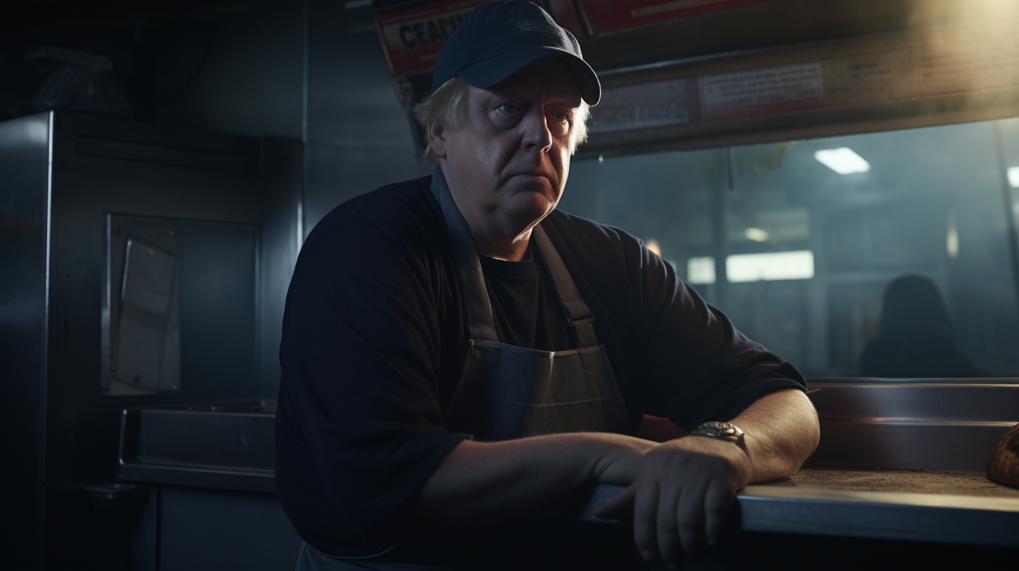 Boris Johnson wearing apron and hat serving burger