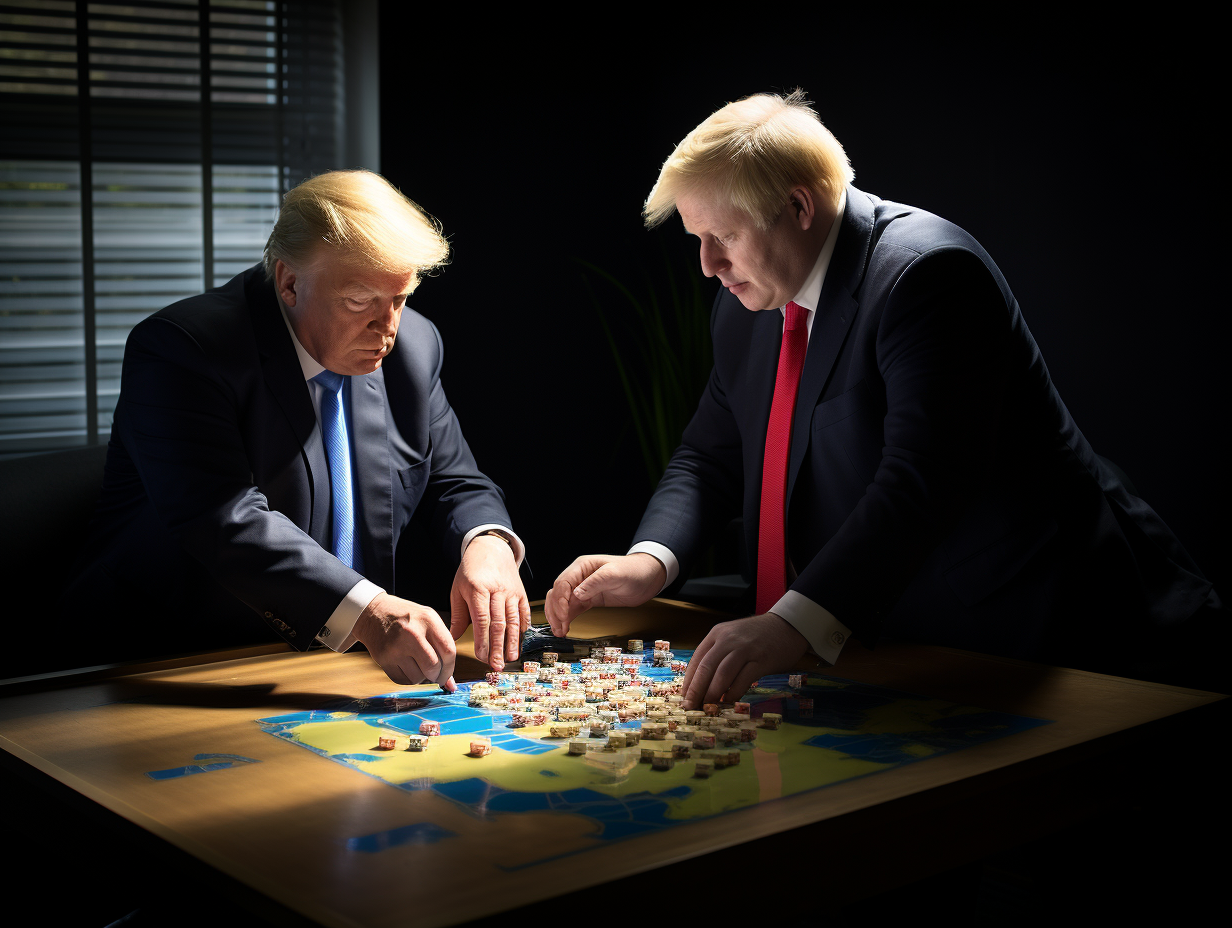 Boris Johnson, Donald Trump, and James Cameron playing twister