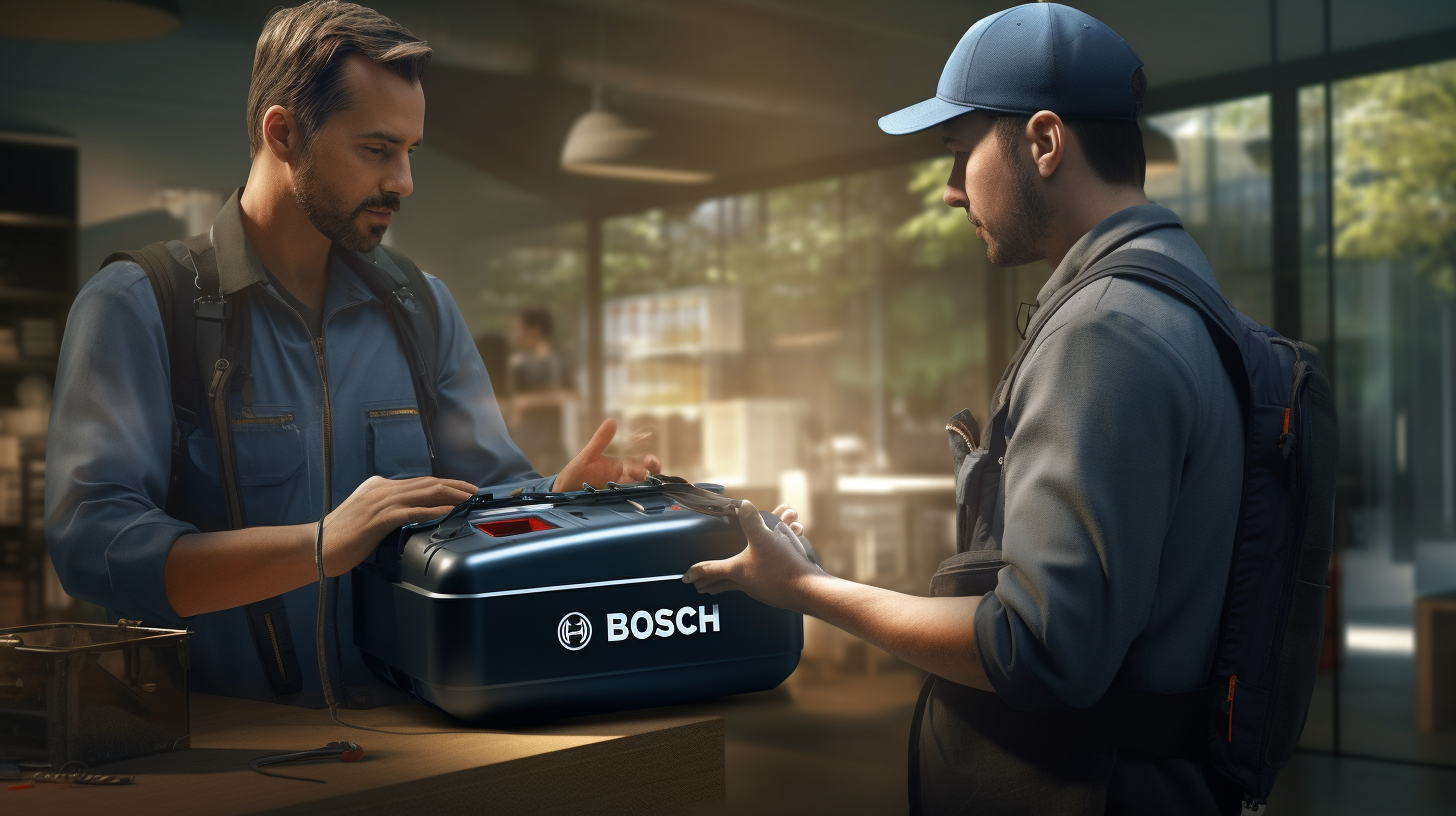 Bosch worker handing battery to colleague