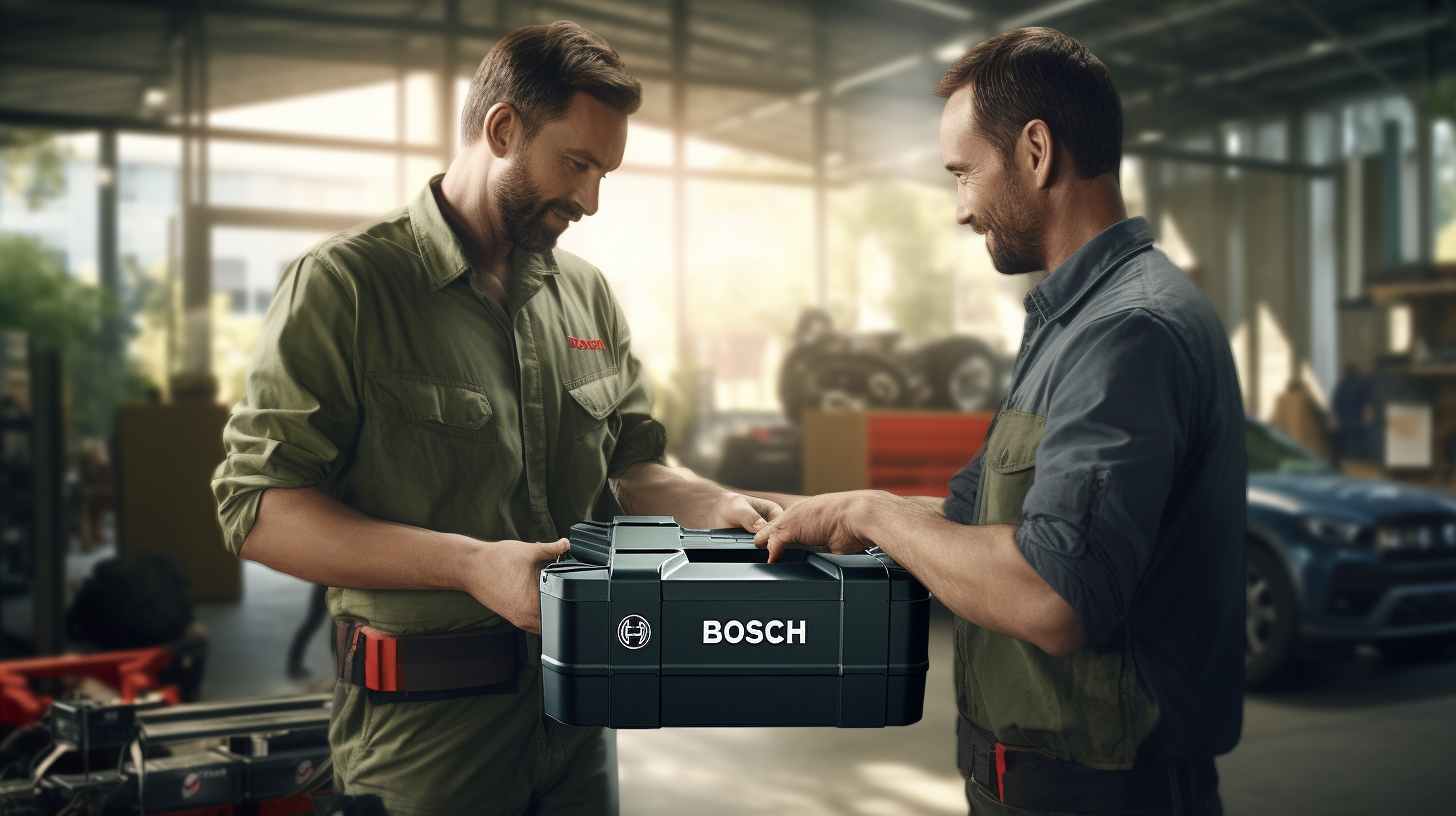 Bosch worker handing battery to another (6 words)