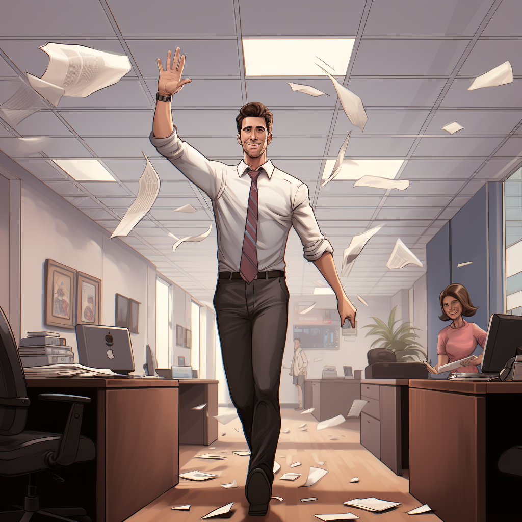 Image of boss waving papers in office