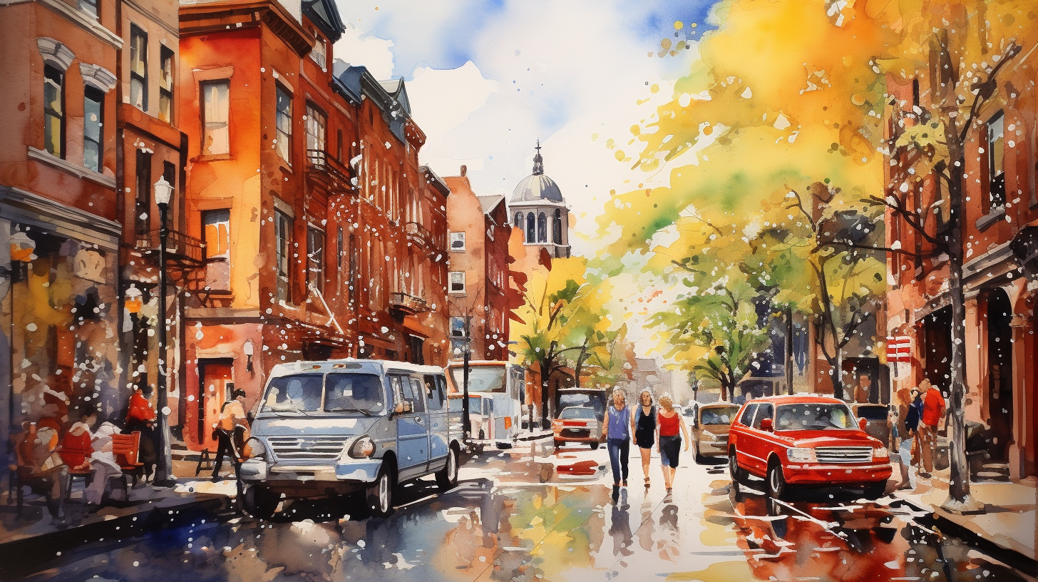 Vibrant watercolor painting of Boston's North End