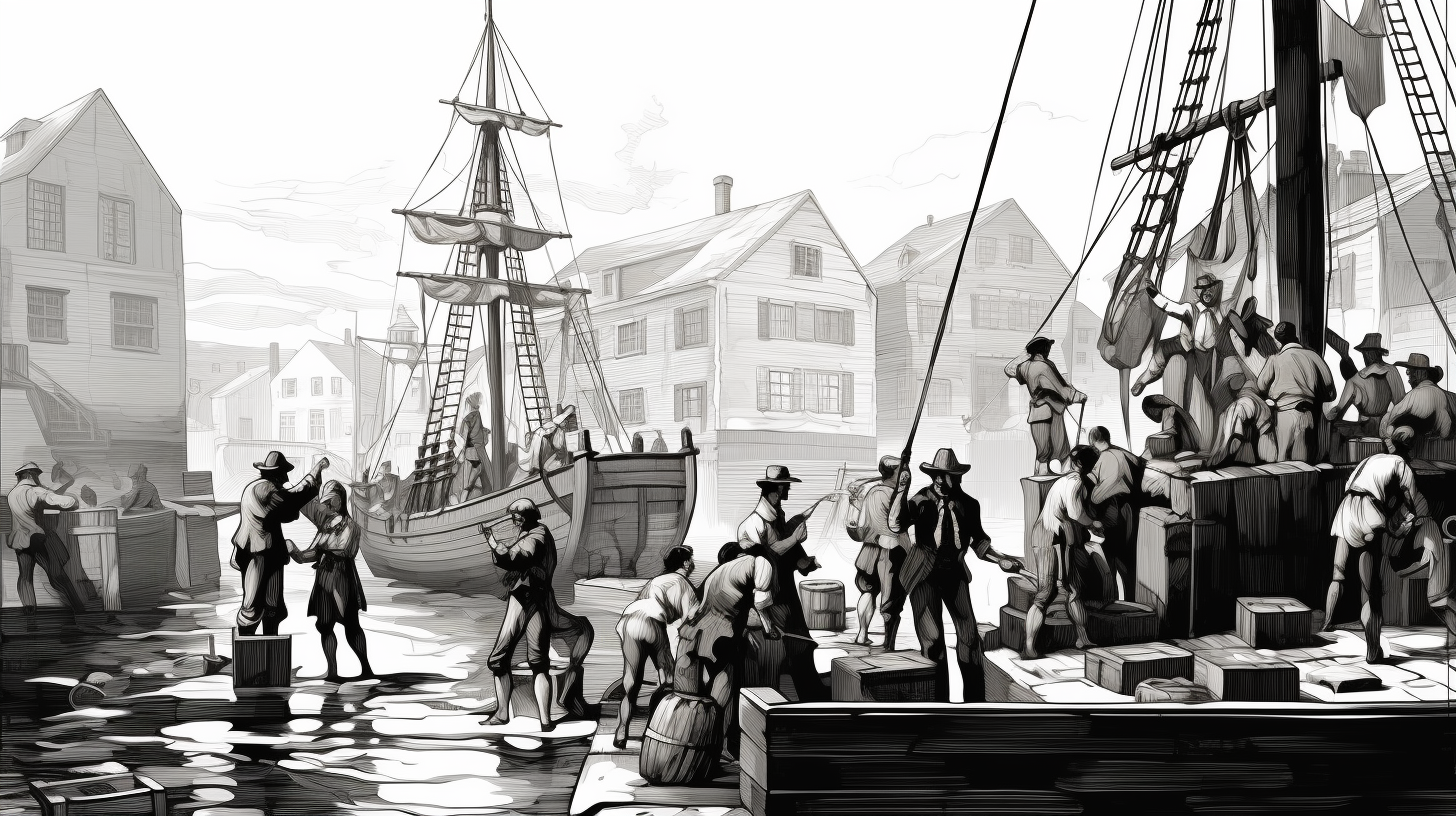 Historic illustration of Boston Tea Party