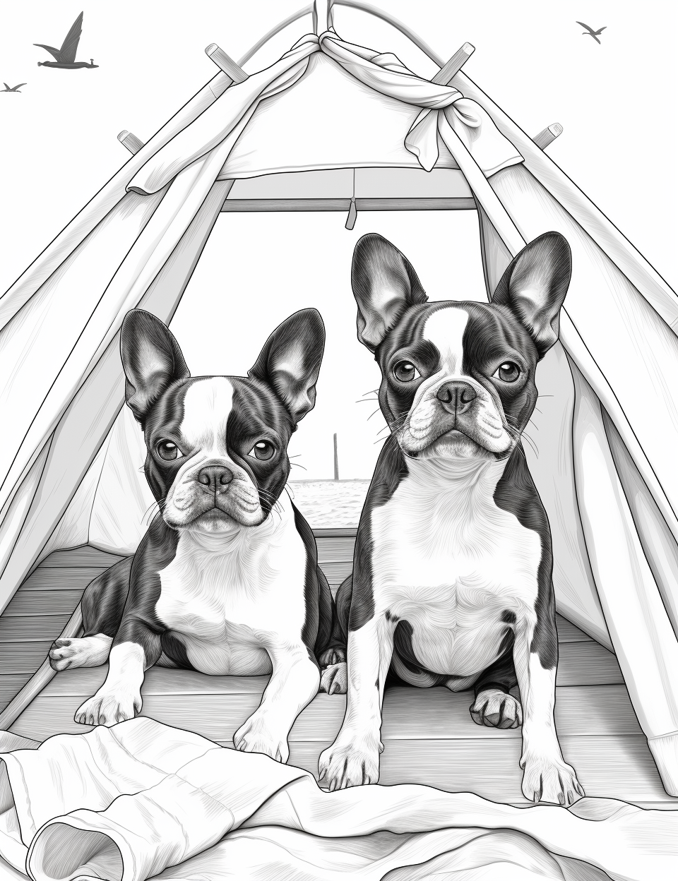 Two adorable Boston Terriers relaxing at the beach tent