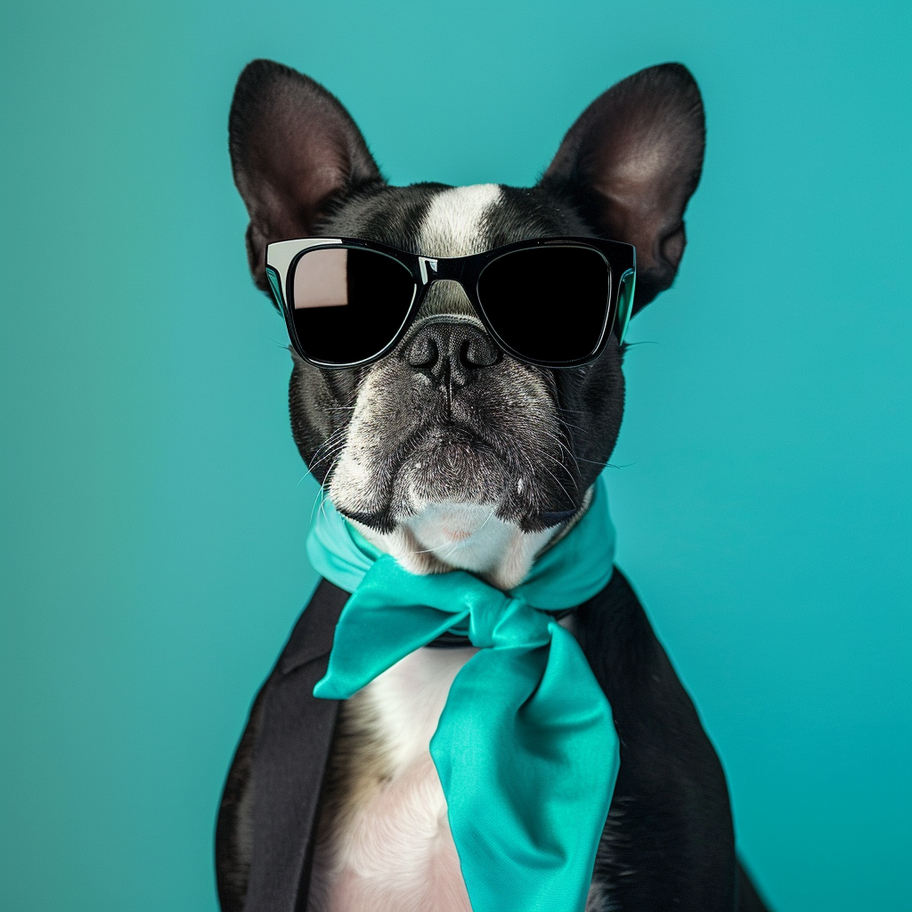 Boston Terrier Dog with Spy Sunglasses and Turquoise Tie