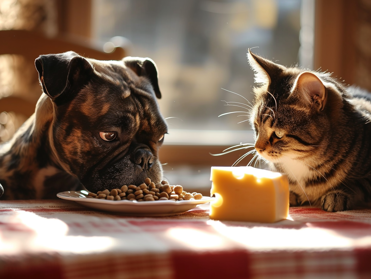 Boston Terrier and Mouse Eating Together