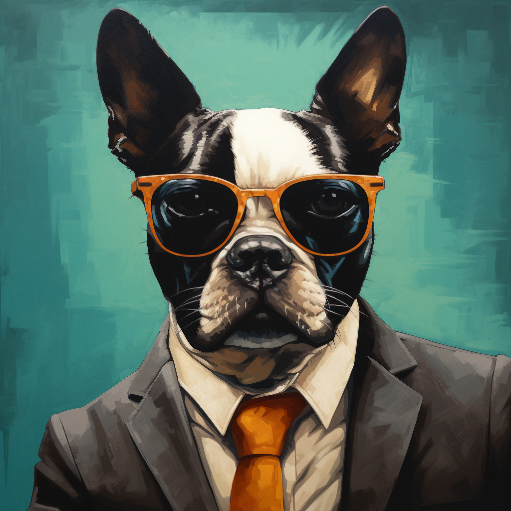 Boston Terrier with Spy Sunglasses and Turquoise Tie