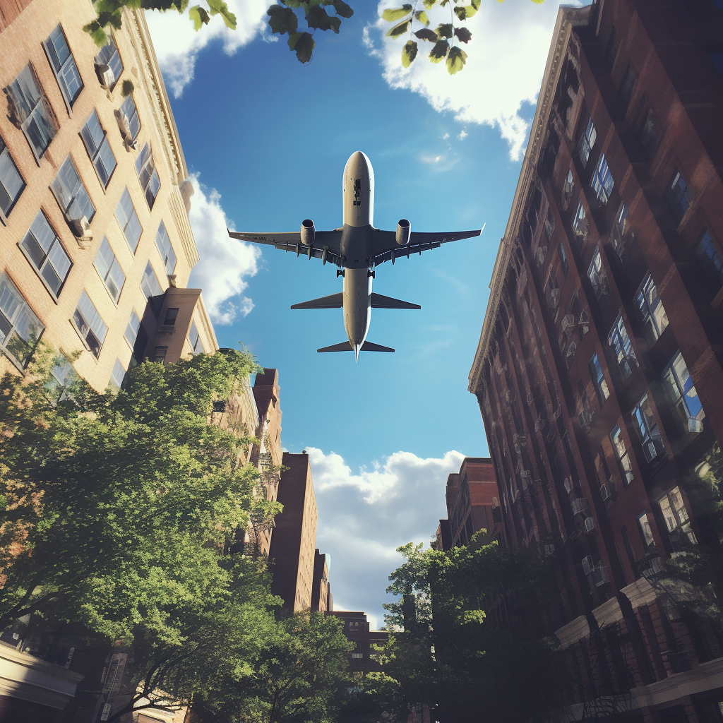 Plane flying over Boston skyscrapers