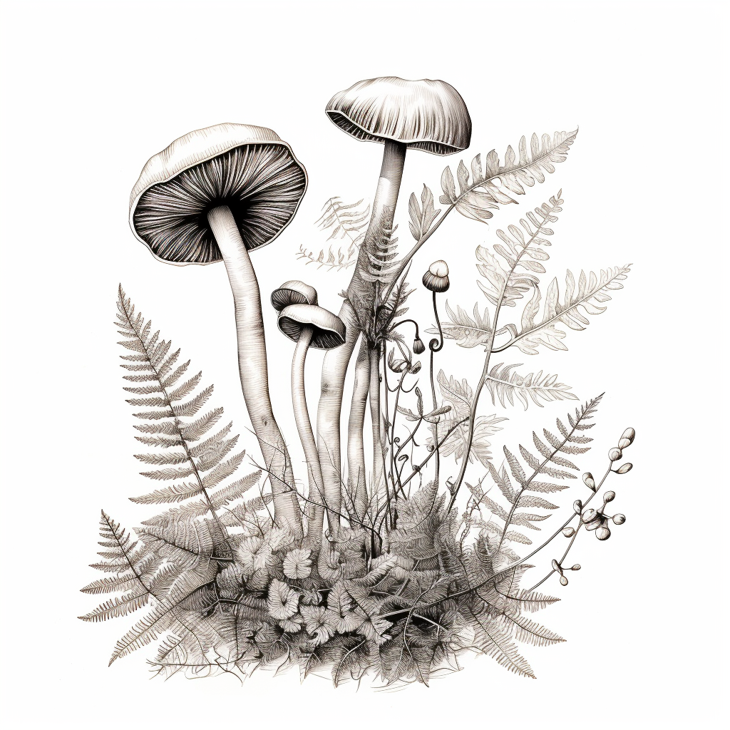 Botanical line drawing of fern and mushrooms