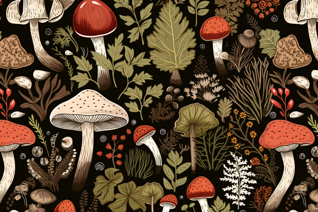 Botanical mushrooms and berries pattern in olive and brown