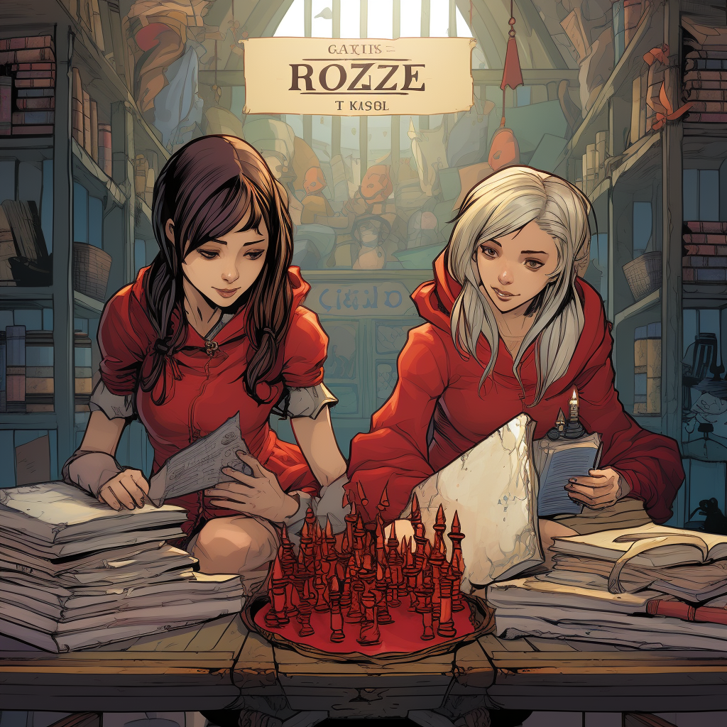 Two chess-playing sisters in a wizards' study