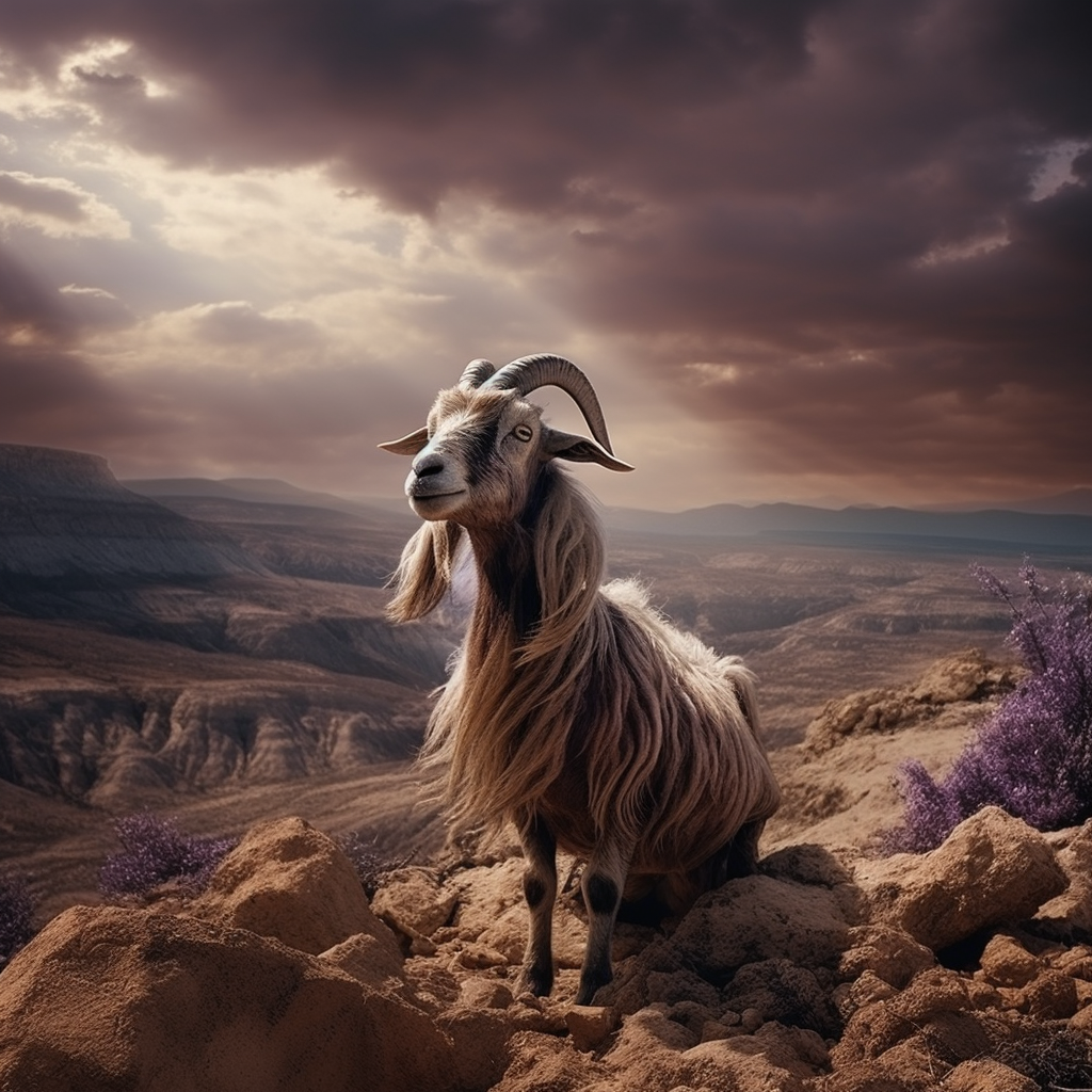 Mystical goat overlooking rocky desert cliff