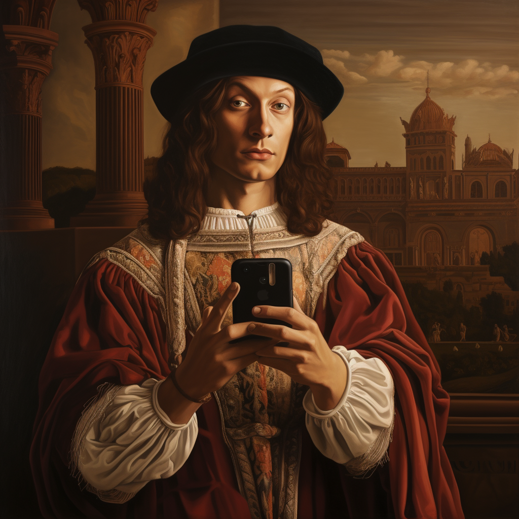 Sandro Botticelli taking a selfie with iPhone