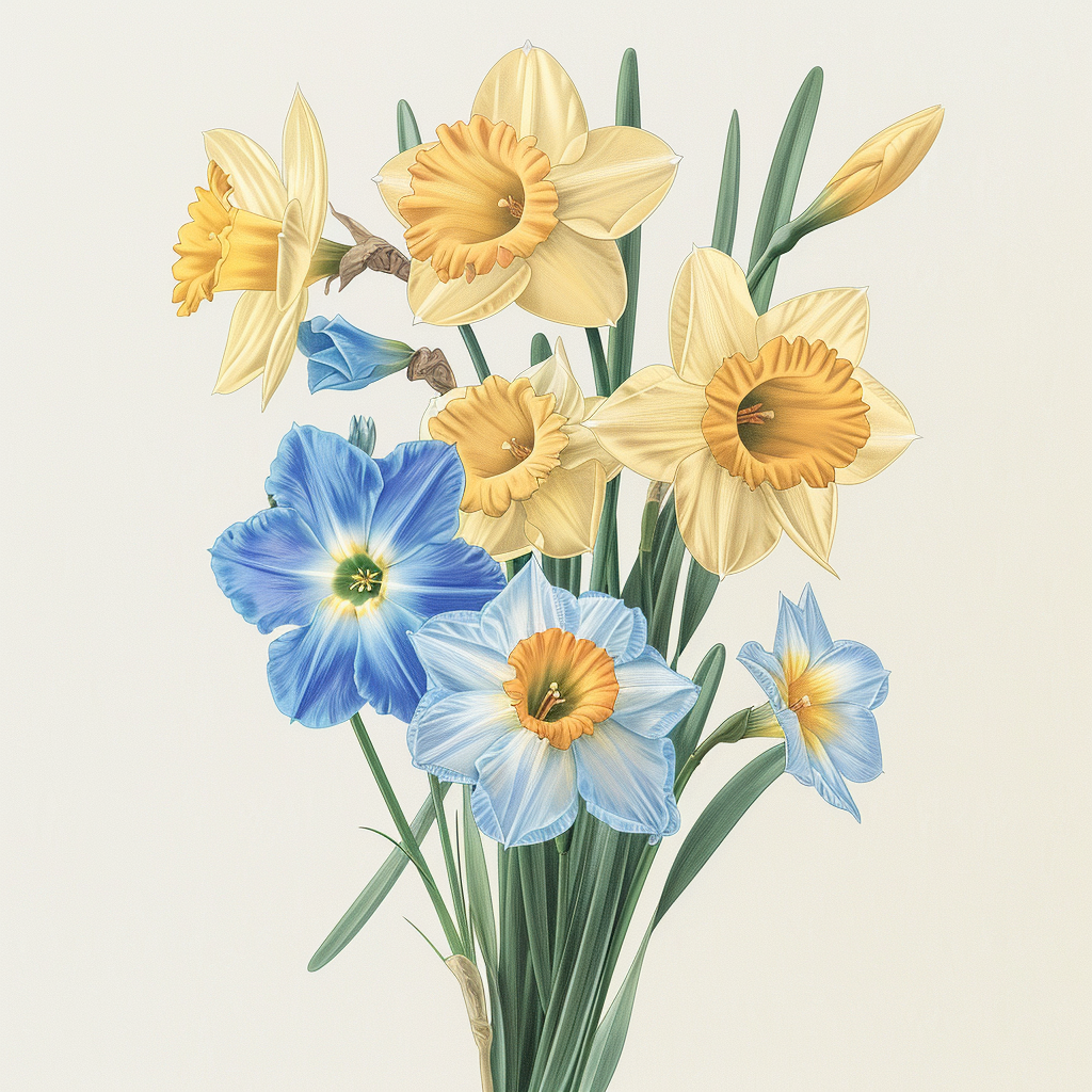 Minimalistic bouquet of daffodils and morning glory