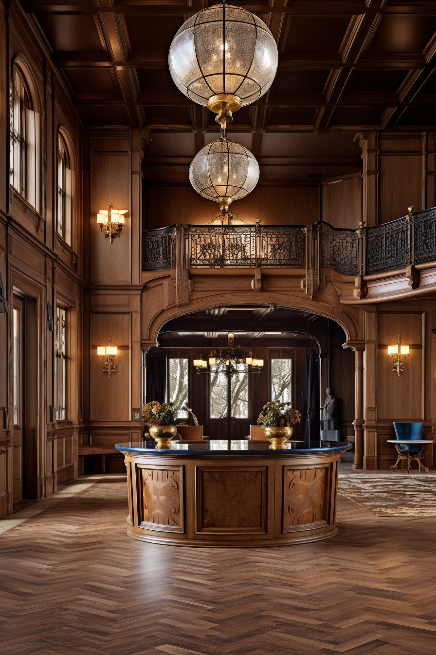 Boutique hotel lobby with elegant Victorian decor