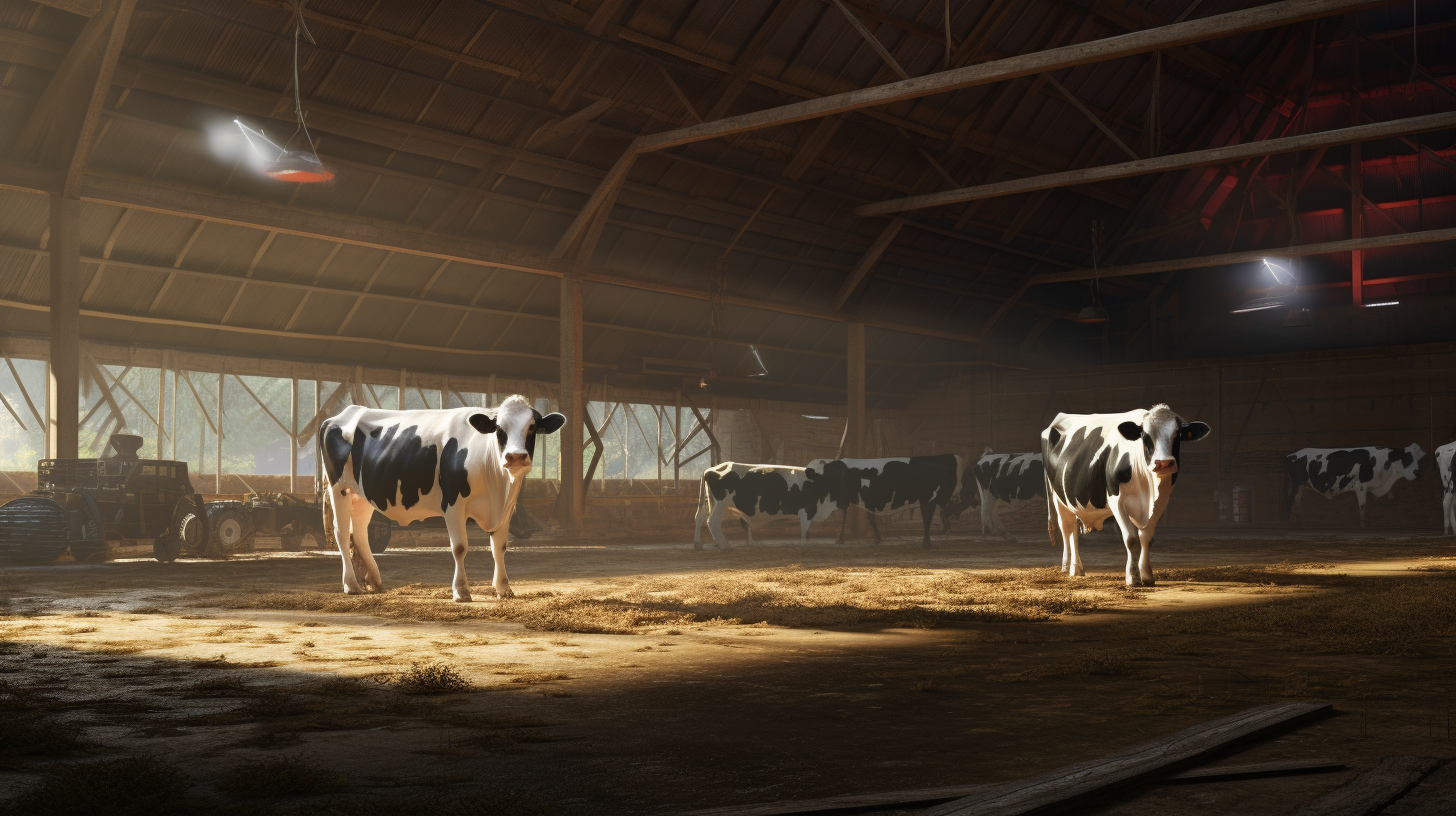 Realistic Bovine Farm Shed with Robots and Cows