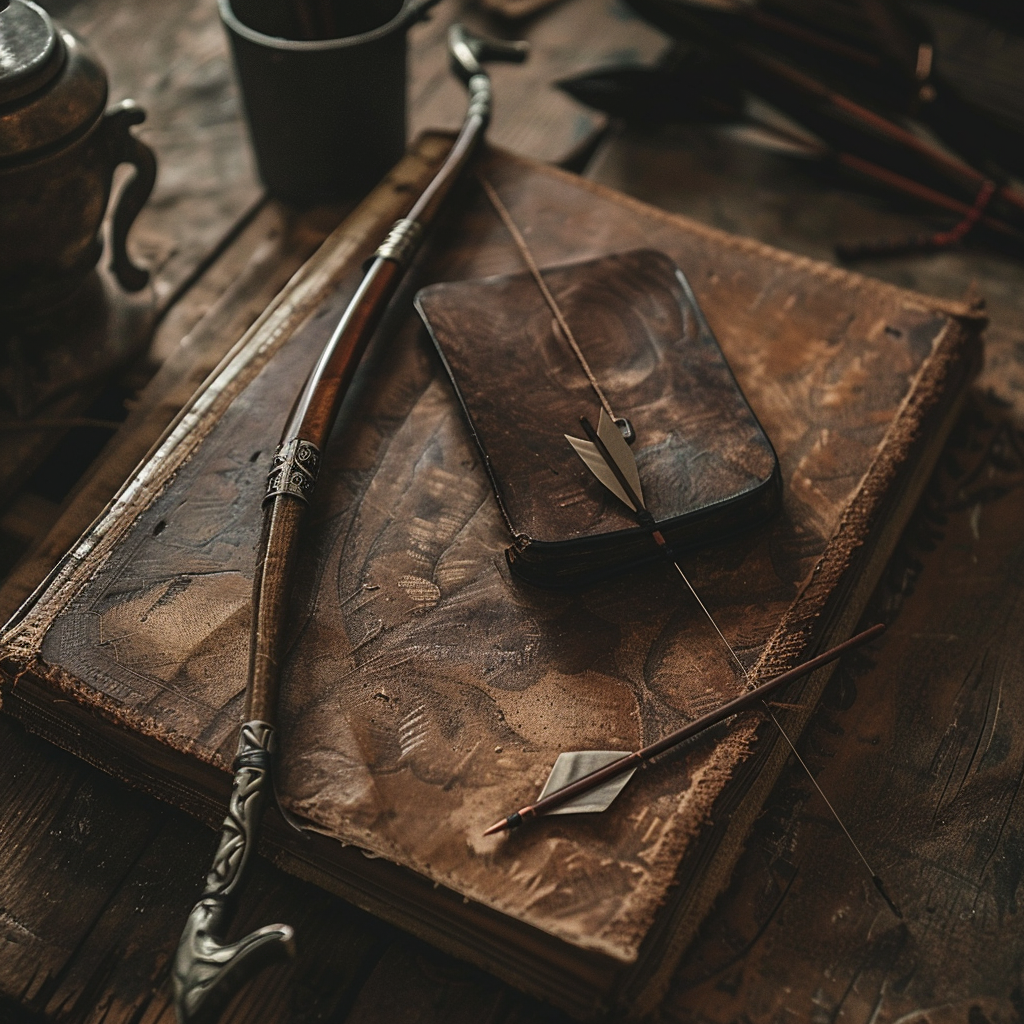 Bow and arrow on table