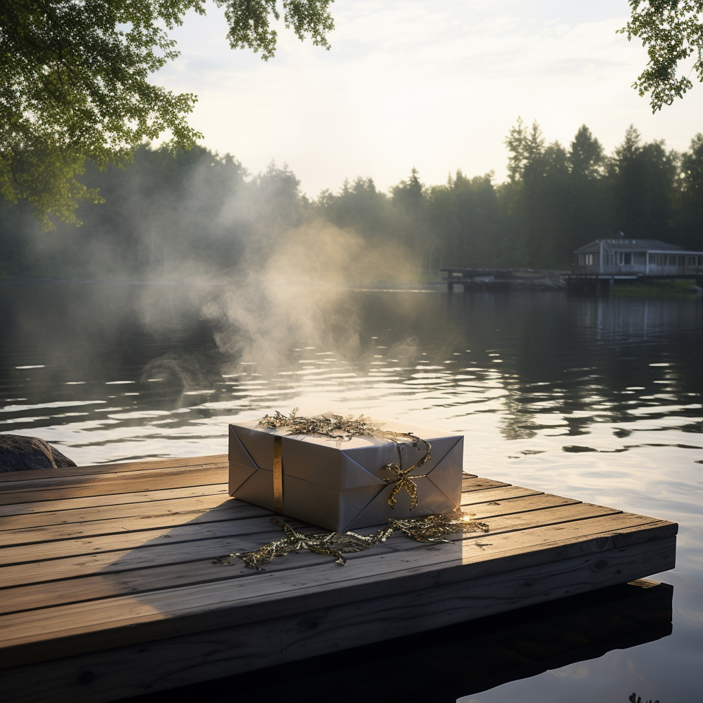 Beautiful bow-tied box on dock with lake and smoke