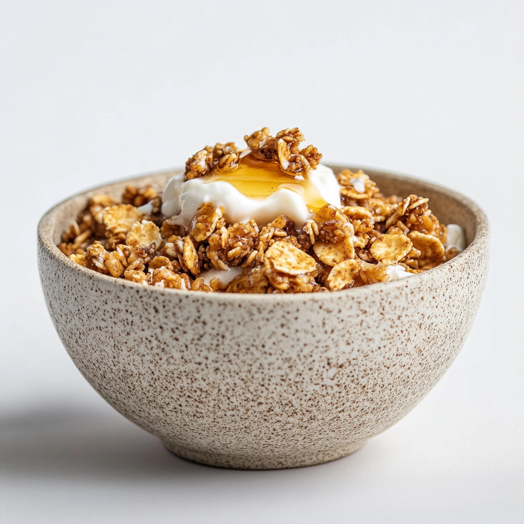 bowl of golden granola with vanilla yogurt and honey