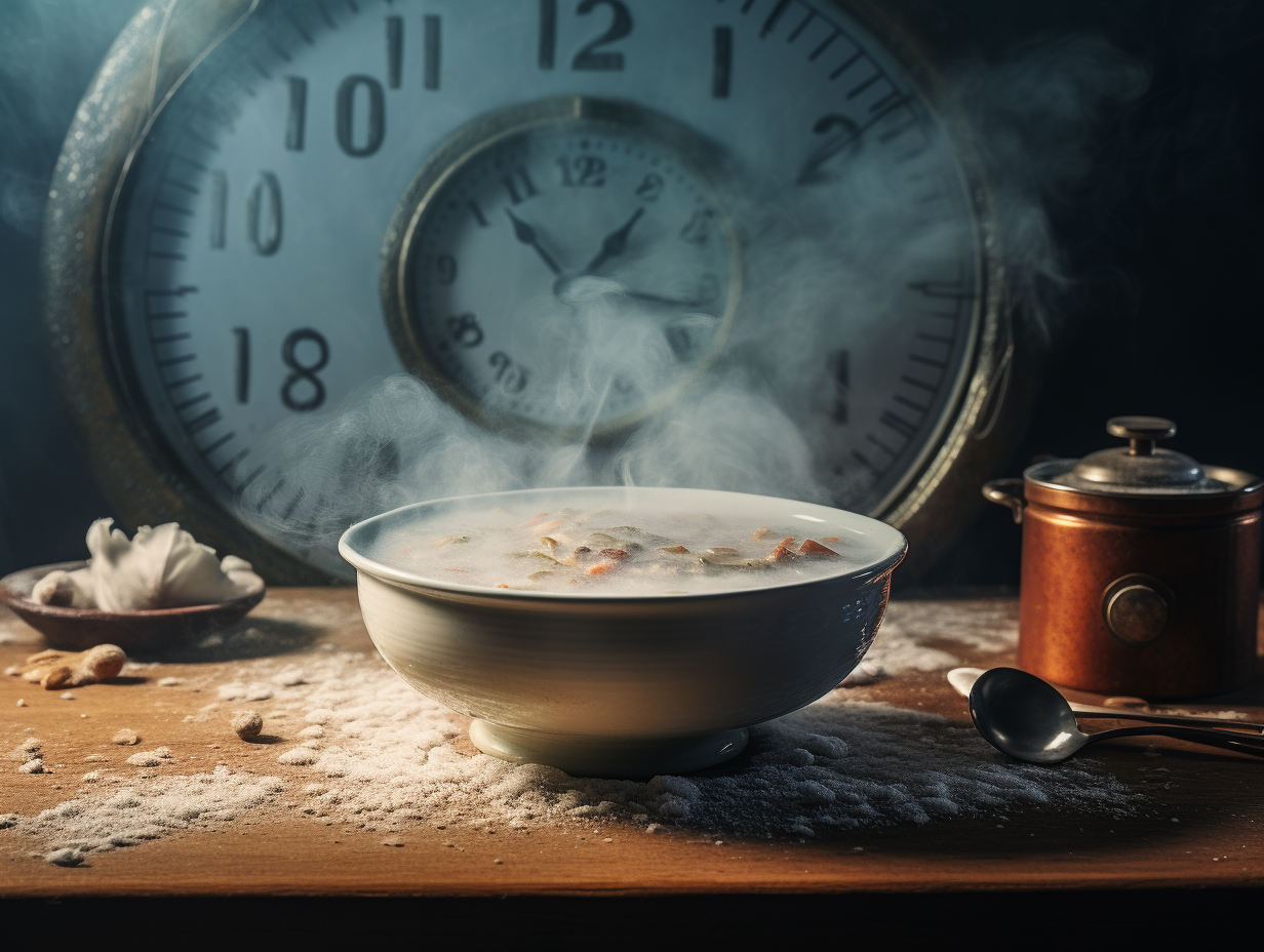 Bowl of hot soup with thermometer and snowflake