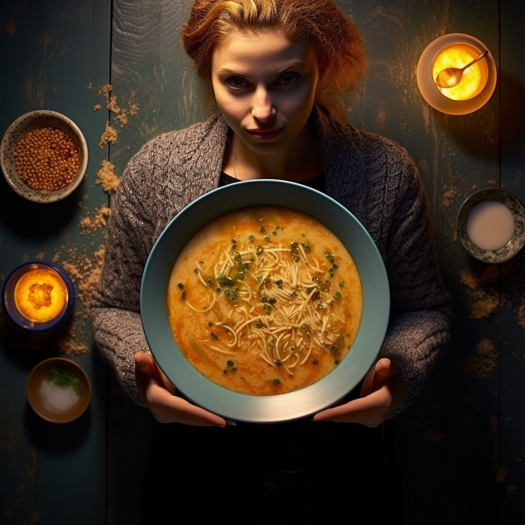 Woman about to have dinner with bowl of soup