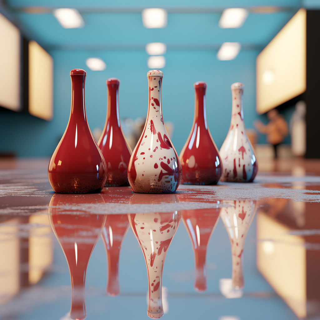 Bowling pins in a puddle