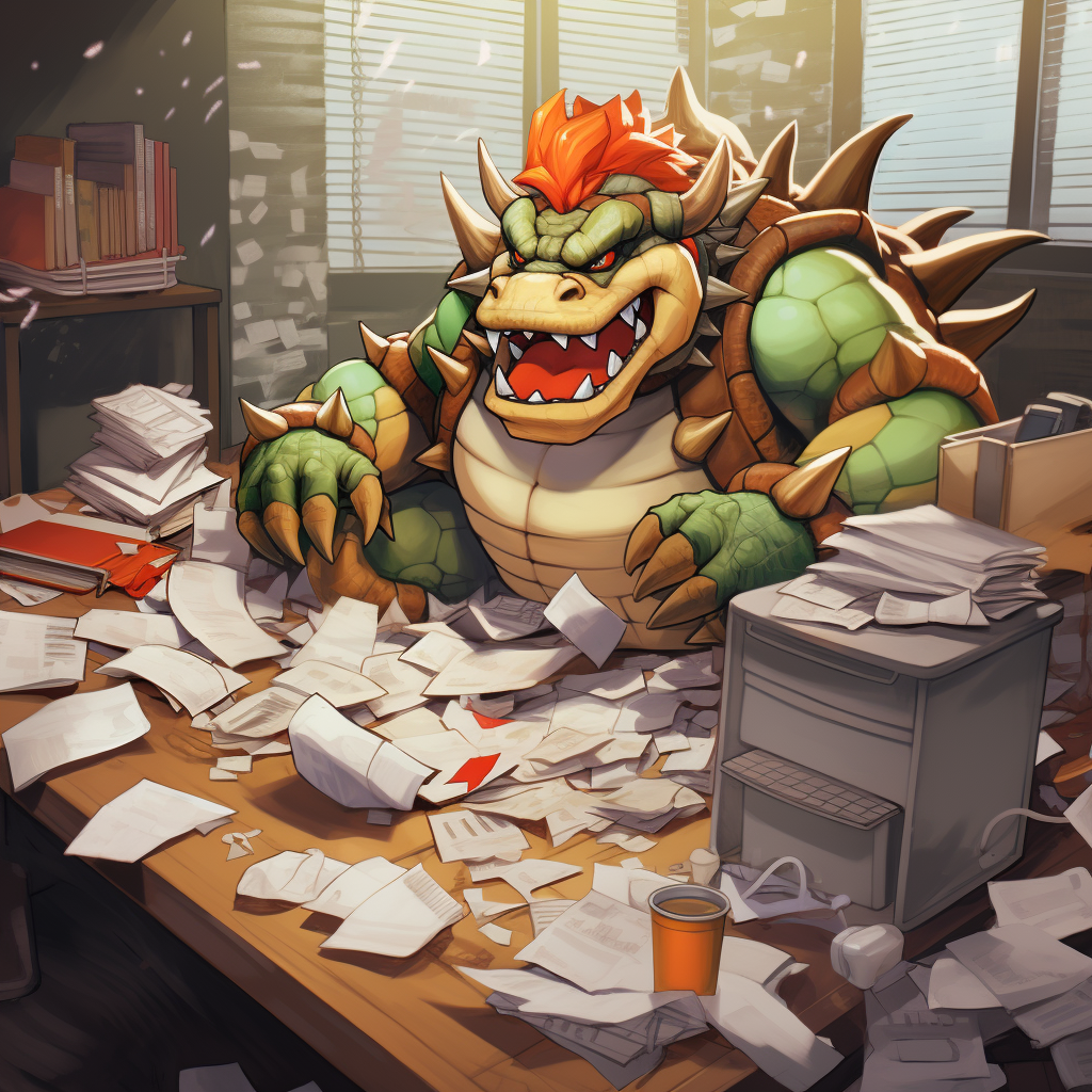 Clumsy Bowser struggling with his office tasks.