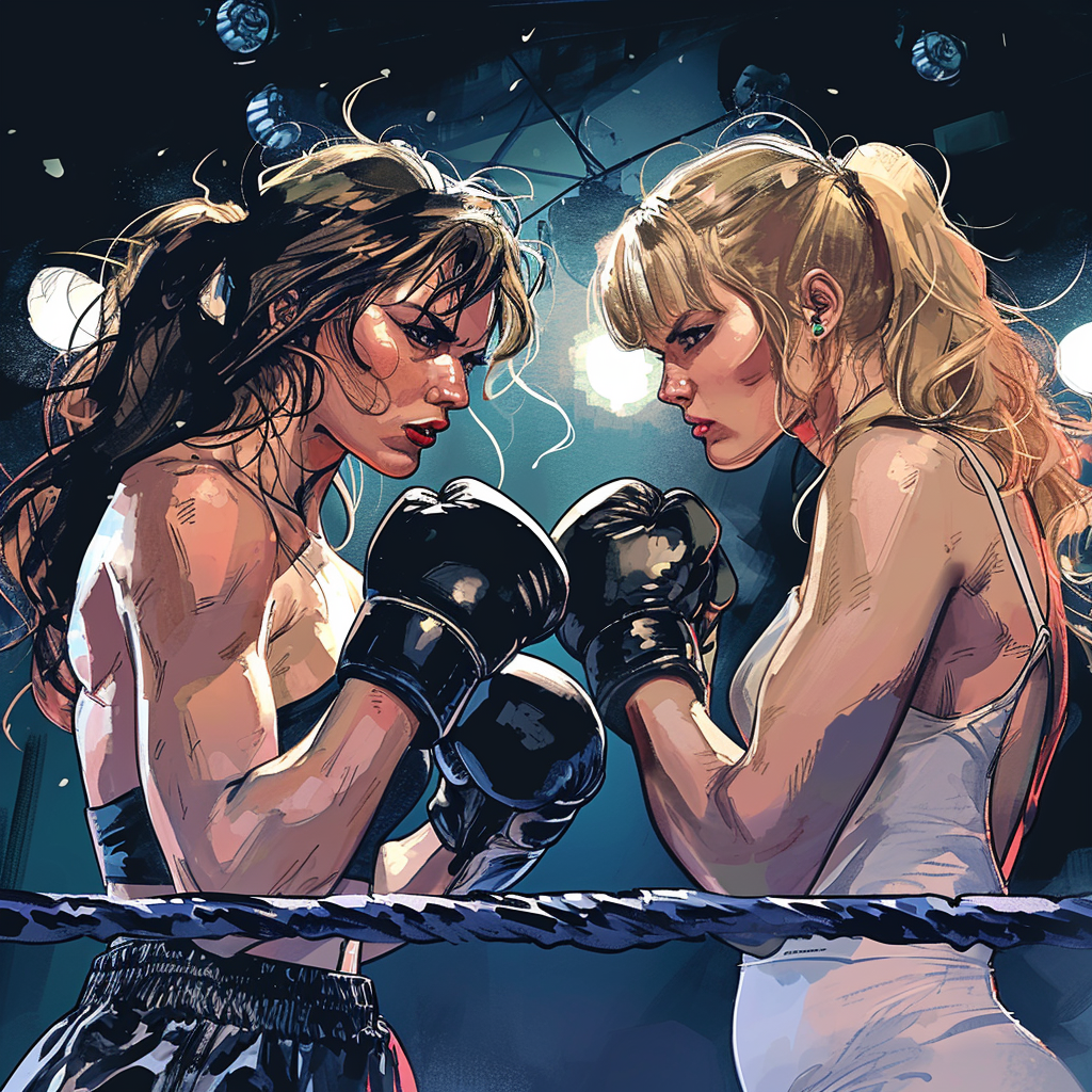 Illustration of Taylor Swift, Britney Spears, and Shakira in a boxing match